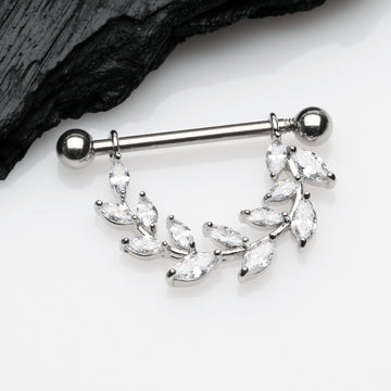 Detail View 1 of A Pair of Marquise Sparkle Allure Leaves Dangle Nipple Shield-Clear Gem